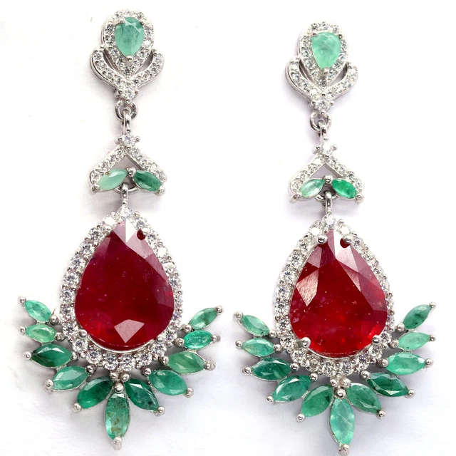 11 X 13 Mm. Rot Rubin , Grün Smaragd & Weiß Cubic Zirkonia Ohrringe 925 Silber