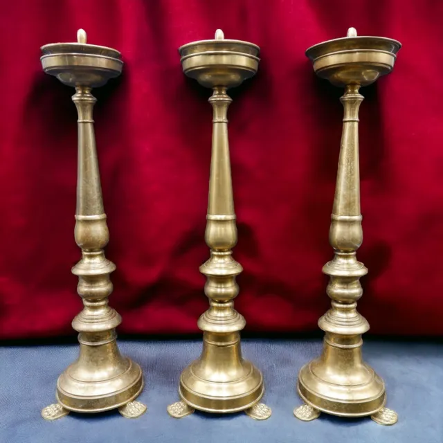 SET DA TRE CANDELIERI CANDELABRI ALTARE IN OTTONE LEGNO CHIESA 1800 Arte Sacra