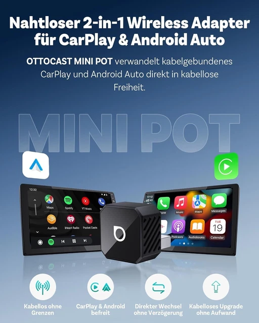 OTTOCAST MINI POT Wireless Carplay Android Auto Adapter Dual-WLAN Plug ...