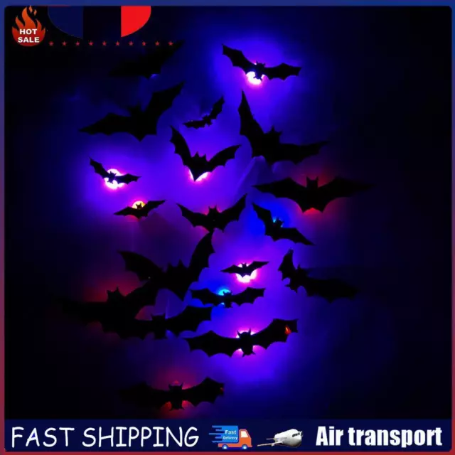 Halloween 3D Bats Ornament PVC RGB Color for Home Indoor Backyard (12Pcs) FR