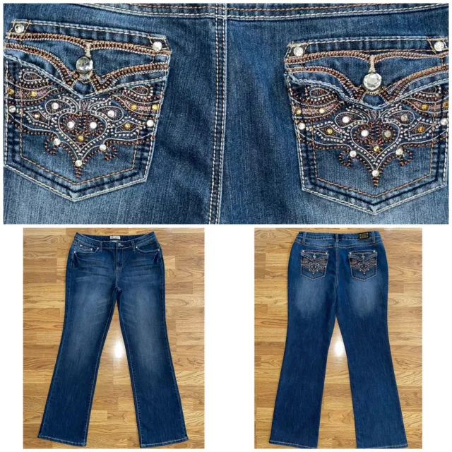 Earl Jeans Bootcut Women’s Size 12 Length 32 Embroidered  Rhinestones Bling EUC