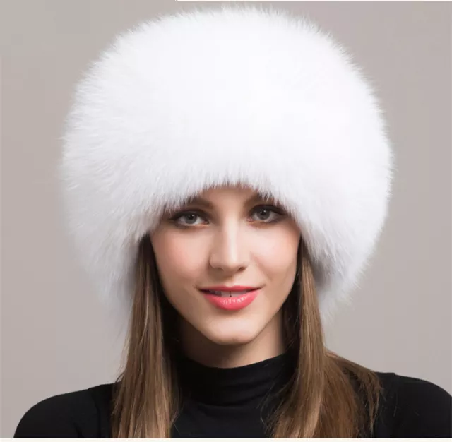 Women Real White Fox Fur Hat Russian Winter Warmer Ear Cap Ushanka Cossack Ski