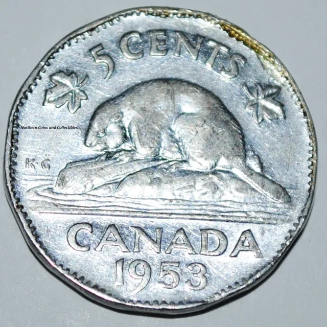 Canada 1953 5 cents NSF Far Five Cents Canadian Nickel No Shoulder Fold Far