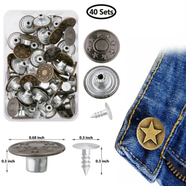 40 Set Metal Denim Jeans Tack Snap Buttons Rivets Repair Replacement+Box 17mm US