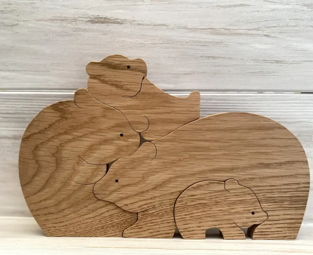UK Handmade Solid Oak 4 piece wooden Jigsaw of a Loving Bear Family. 17.5cm tall