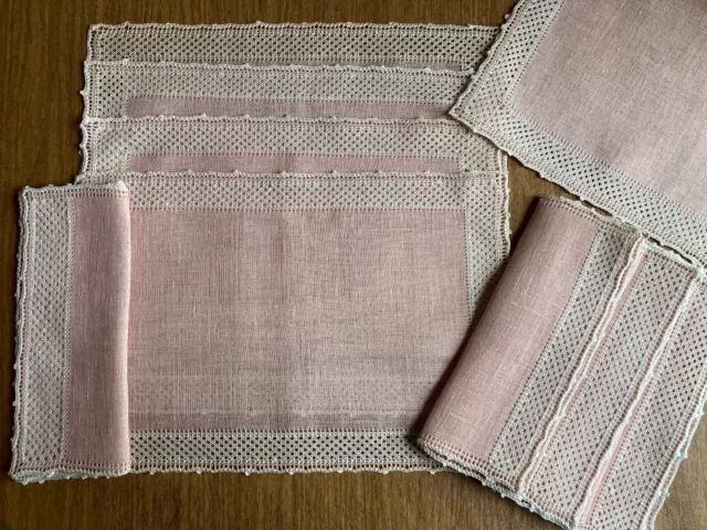 Vintage Pink Linen 4 PLACEMATS, 4 NAPKINS & TABLE RUNNER Never Used Table Ready