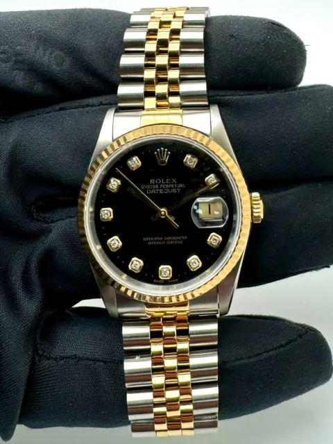 Rolex Datejust 36mm Black Diamond Dial Two Tone Jubilee Bracelet 16233 No Holes