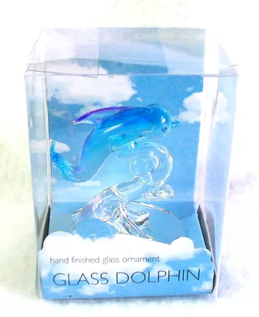 New GLASS DOLPHIN Hand Finished Ornament Aqua & Clear Glass In Box (#2)