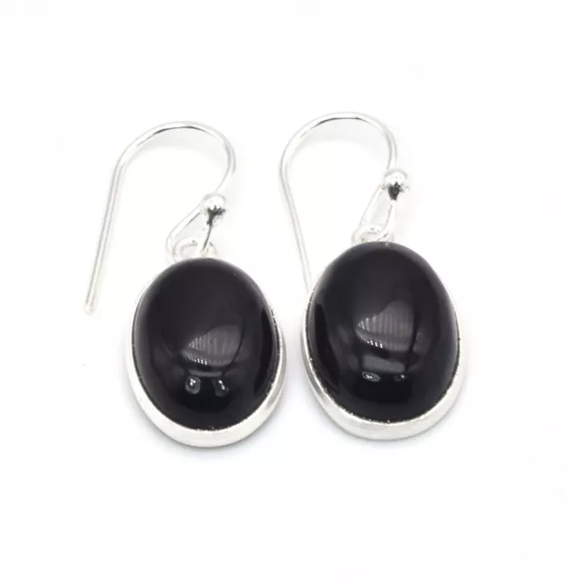 925 Solid Sterling Silver Black Onyx Hook Earring - 1.1 Inch L508