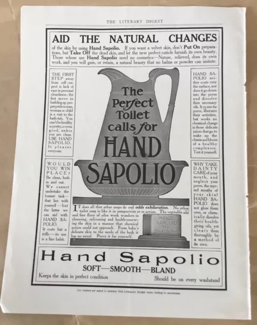 Sapolio hand soap ad 1907 original vintage 1900s home decor art illus pitcher