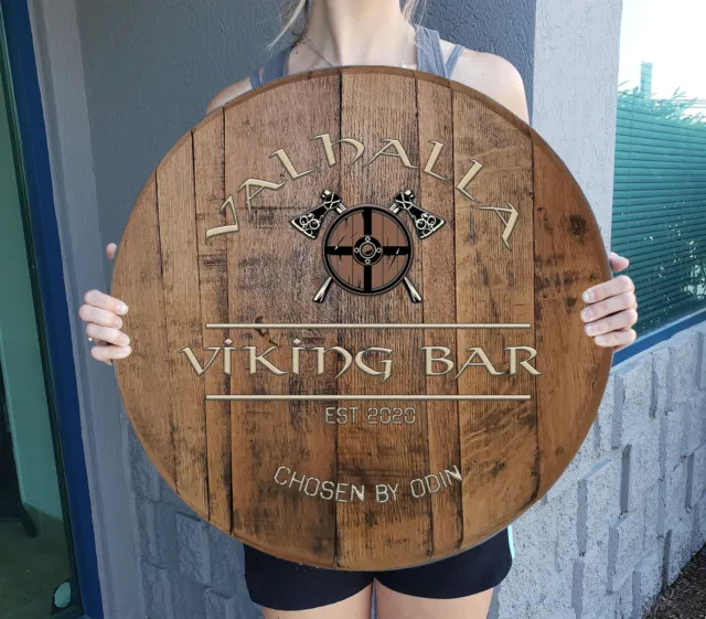 Personalized Valhalla Shield Ax Throwing Oak Barrel Bar Sign Wall Art