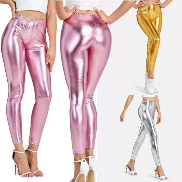 Women's Faux Leather Leggings Shiny Metallic High Waist Pants Trousers Clubwear