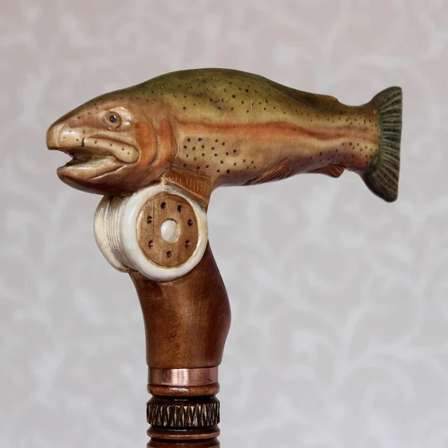Fish Rainbow Hand Carved Handle Cane Hiking Wooden Walking Cane Stick 36"