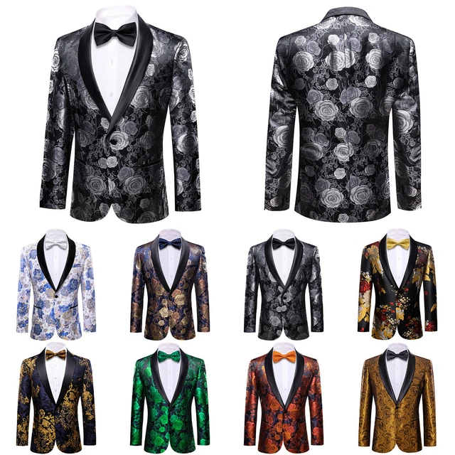 Mens Tailored Blazer Suit Floral Jacket Peak Lapel Sequins Tuxedo Coat for Prom