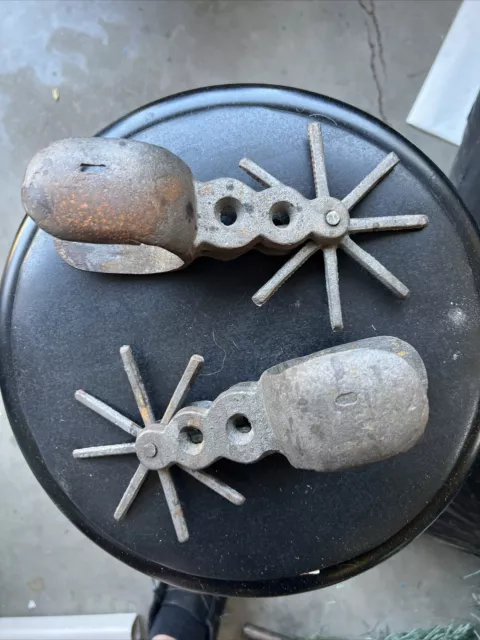 ANTIQUE RARE HUGE CAST IRON 5" PAIR OF SPURS from Mexico.