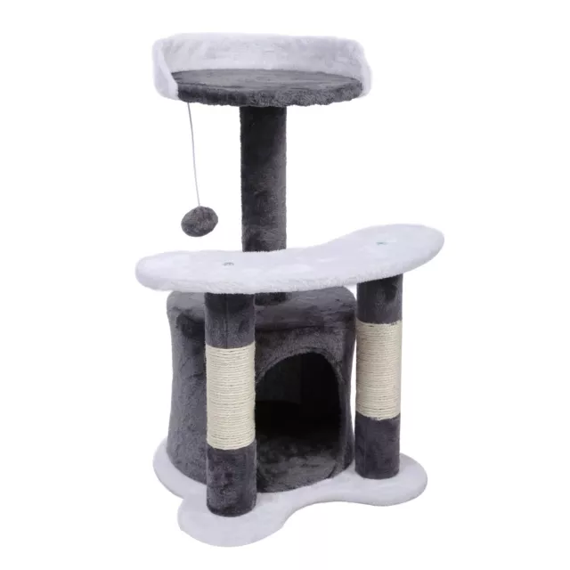 Arbre à chat 65 cm gris/ blanc Sisal Plateforme Niche et balle de jeux Griffoir