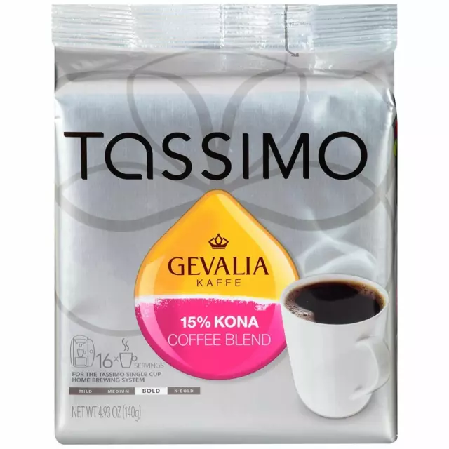 Rare NIB Lot 16 Tdisc Tassimo Gevalia 15% Kona Bold Roast Coffee Brew Pod Bs0922