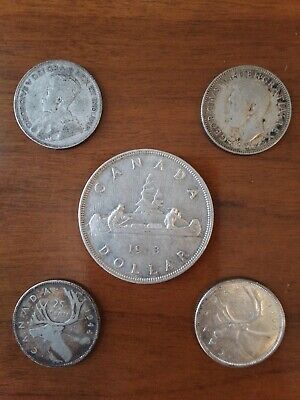 Lot of 5 Canadian Coins 1953 Silver Dollar & 4 Quarter Lot Canada 80% Silver