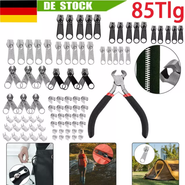 85x Reißverschluss Reparatur Set Zipper Schieber Metall Repair Ersatz & Zange