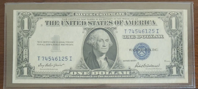 1935F Blue Seal Silver Certificate $1.00 Serial T74546125I Crisp UNC Note!