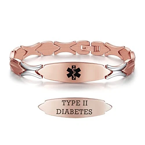 LinnaLove Rose Gold Fashion Medical Alert id Diabetes Bracelet for Women-Type 2