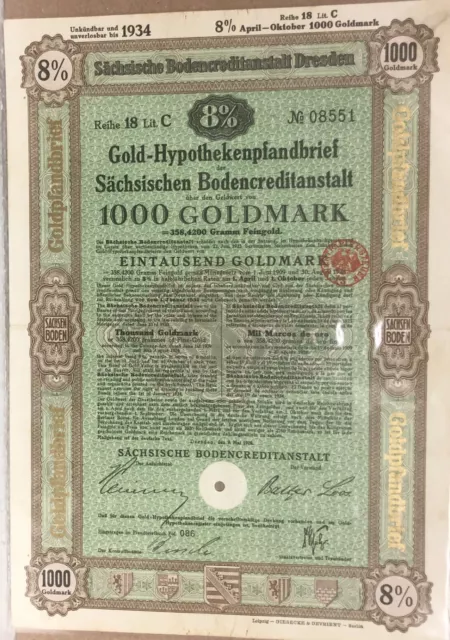 1934 German  8 % BOND Gold-Hypothekepfandbrief 1000 Goldmark #08551