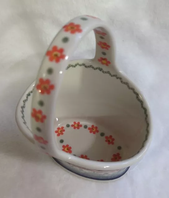 Boleslawiec 7" Polish Pottery Basket Bowl with Handle Peach Spring Daisy 3