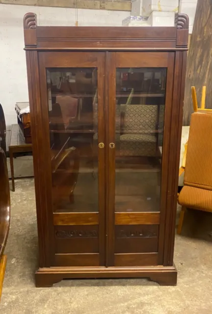 Antique German Art deco Walnut bookcase display cabinet