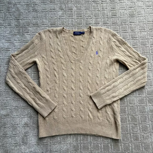 Polo Ralph Lauren Merino Wool Cashmere Cable Knit V Neck Sweater Size S Tan