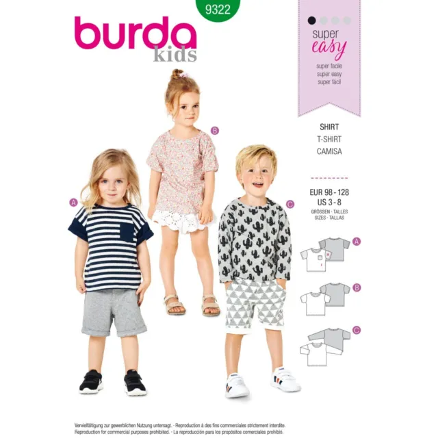 T-Shirt Burda Kinder super einfaches NÄHMUSTER 9322 Unisex Größen 3-8