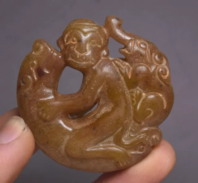 5.5CM China Hongshan Culture Old Jade Carve Monkey Dragon Beast Amulet Pendant