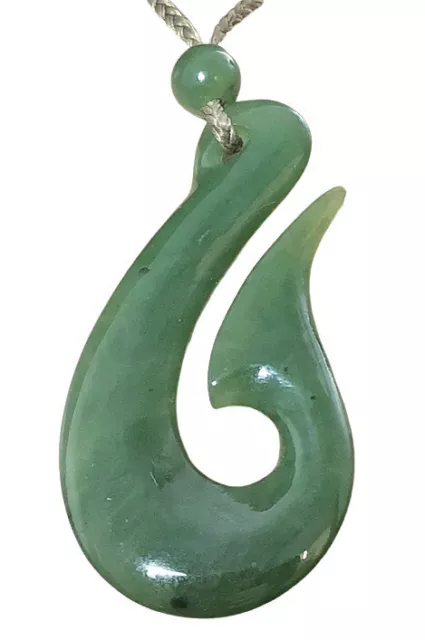 Fish Hook Carved Genuine Natural Green Nephrite Jade Pendant