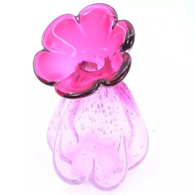 Global Amici Hand Blown Pink Flower Bubble Art Glass Vase Murano Style 8" Tall 2