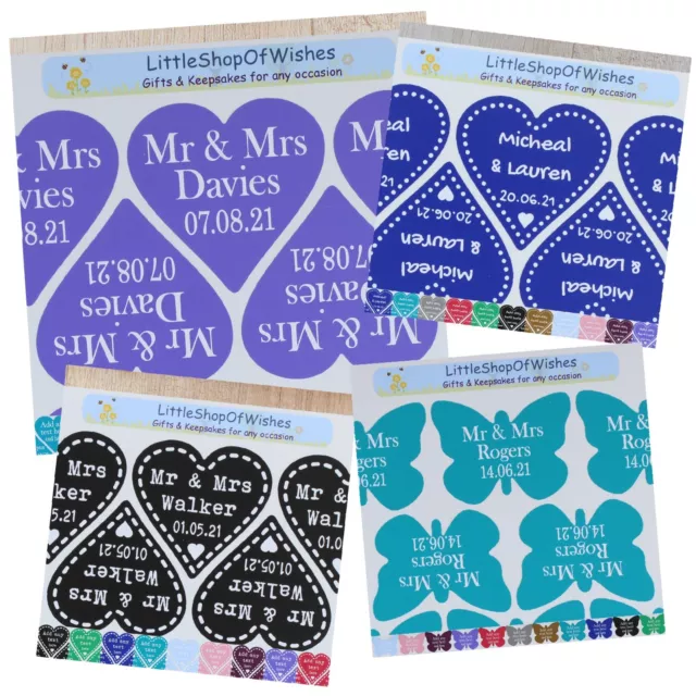 Personalised Wedding Stickers Vinyl Hearts Butterfly Favours Labels Seal 3 - 6cm