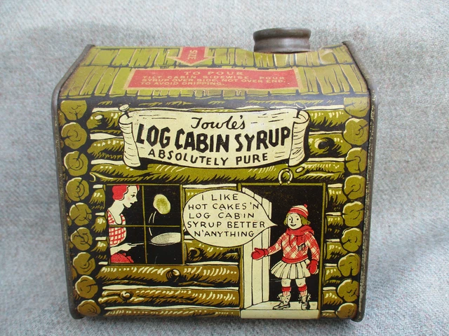 VINTAGE 1920s-1930s TOWELS LOG CABIN MAPLE PANCAKE SYRUP TIN CAN w KIDS & BIRDS
