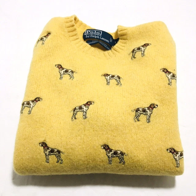 Polo Ralph Lauren All Over Dog Pattern Yellow Light Weight Sweater Wool READ Polo Ralph Lauren All Over Dog Pattern Yellow Light Weight Sweater Wool READ
