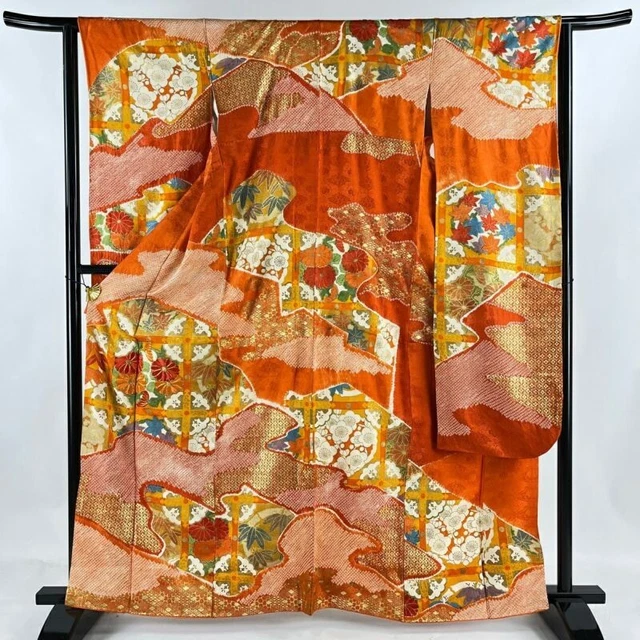 Japanese Kimono Furisode Pure Silk Chrysanthemum Haze Embroidery Aperture Orange
