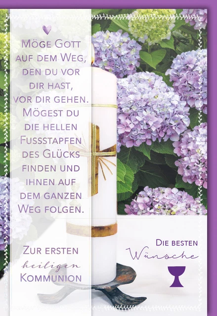 Glückwunschkarte Kommunion lila Spruch Möge Gott auf dem Wege, den Du vor Dir...