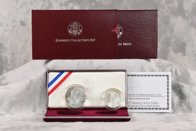 1998 $1 RFK/JFK BU/MATTE SILVER DOLLAR/HALF 2-Coin Set MOD COMMEM Box COA