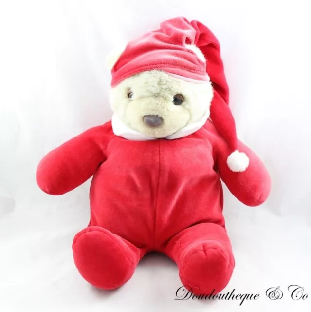 Peluche ours PERFECTEL pyjama rouge yeux dormeur bonnet vintage 38 cm (MO7325)