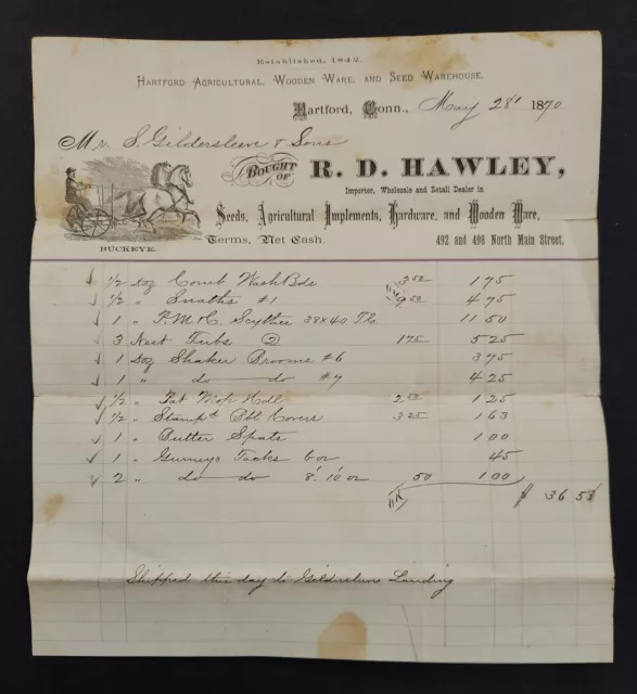 1870 antique BILLHEAD hartford ct RD HAWLEY Seeds Agricultural GILDERSLEEVE