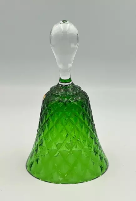 Bohemian Green Glass Bell w/Applied Clear Glass Handle Made in Czechoslovakia