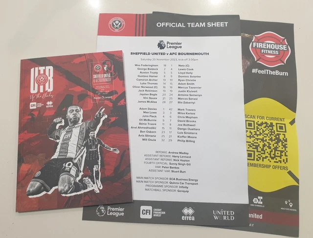SHEFFIELD UNITED v AFC BOURNEMOUTH NOV 25th 2023 Programme + team sheet MINT