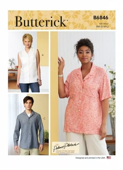 Butterick Sewing Pattern B6846 Unisex Button Down Semi Fitted Shirt with Collar