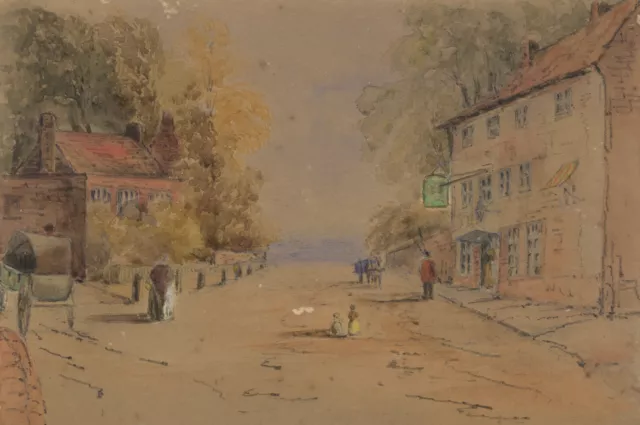 Street Scene with Figures & Pub – Original mid-19th-century watercolour painting