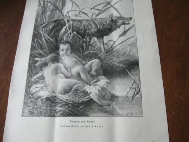 1902 ENGRAVING PRINT - ROMULUS and REMUS Twins w WOLF WOLVES Roman MYTHOLOGY