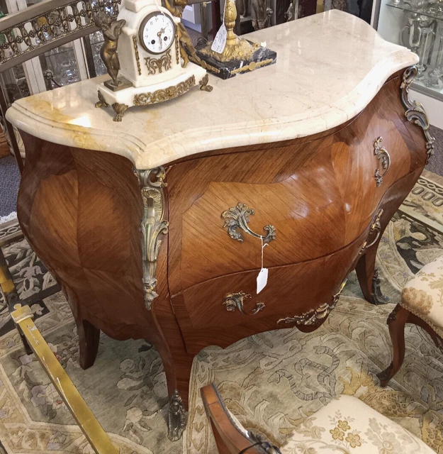 Antique French Rococo Burl Wood Marble Top Bombay Console Chest C 1920s Vintage