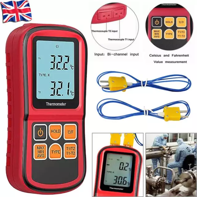 LCD Dual Two 2 K-Type Digital Channel Thermometer Thermocouple Sensor Meter UK