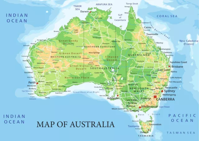 Map of Australia wall chart School educational Print Wall Art A4