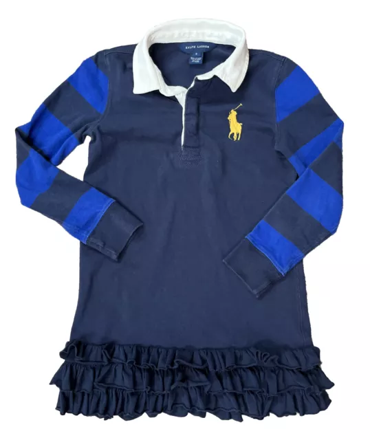 Ralph Lauren Polo Rugby Ruffle Blue Big Pony Cotton Dress Size 6 Navy Collared